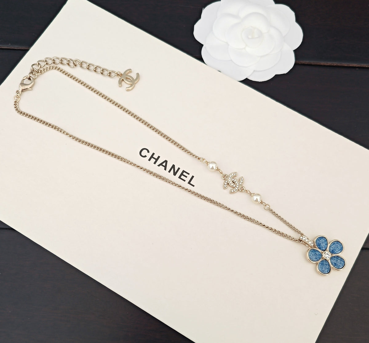 blue brass floral Necklace for women - alternate angle view 5