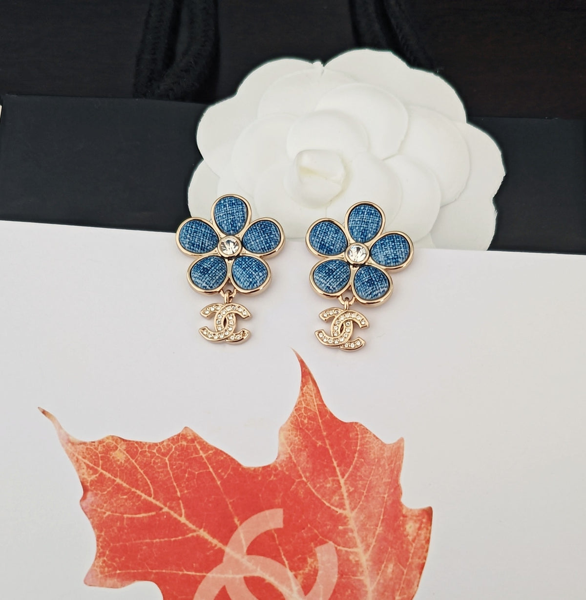 blue brass floral Drop Earrings for women - alternate angle view 6