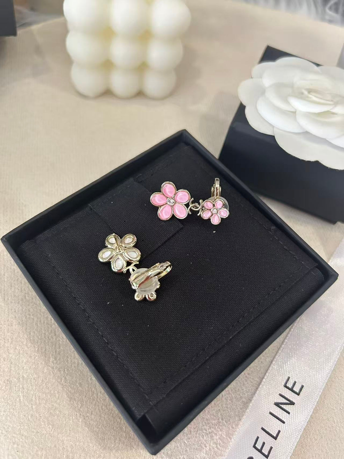 pink resin floral Stud Earrings for women - alternate angle view 7
