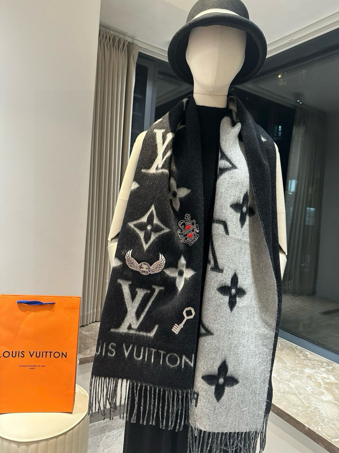 black and white velvet floral Scarf for women - alternate angle view 9