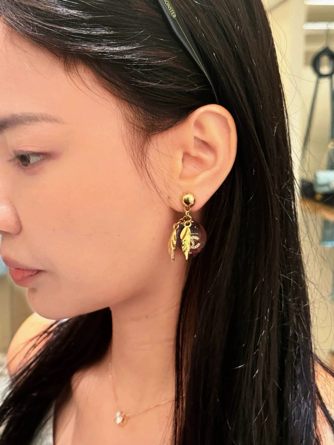 teal leather elegant Drop Earrings for women - alternate angle view 6