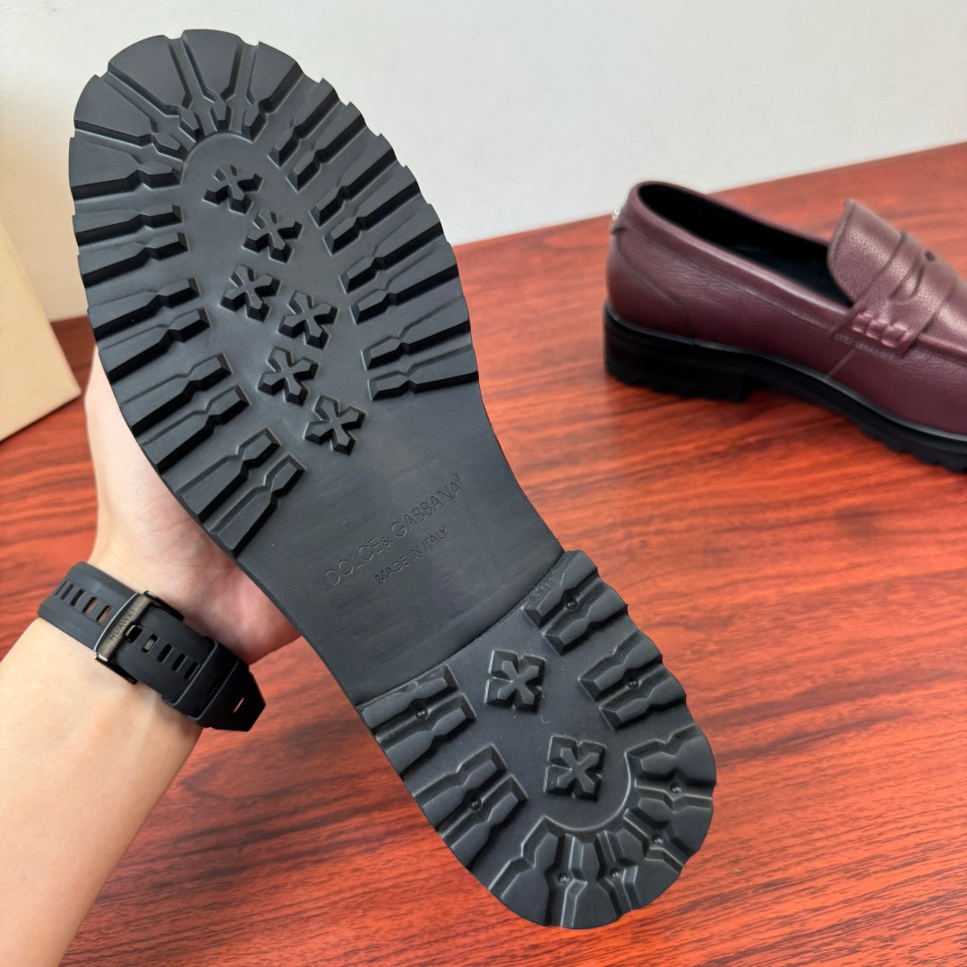 Dolce & Gabbana DG Men's Pebbled Leather Loafers with Black Web Strap Burgundy