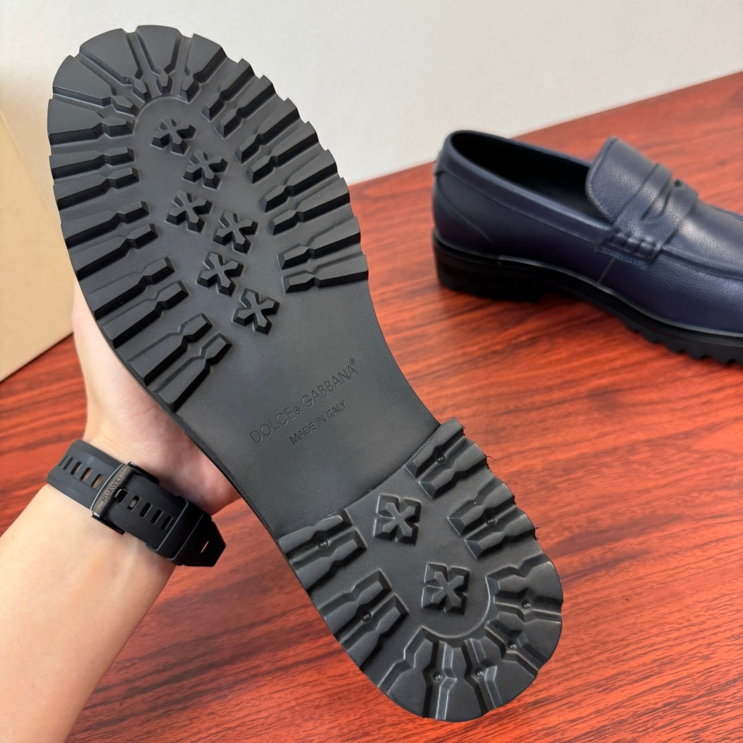 Dolce & Gabbana DG Men's Pebbled Leather Loafers with Black Web Strap Blue