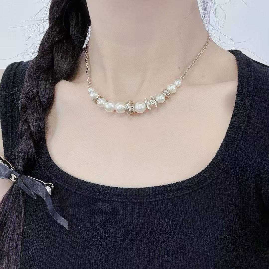light gold pearl double c Necklace for women - alternate angle view 8