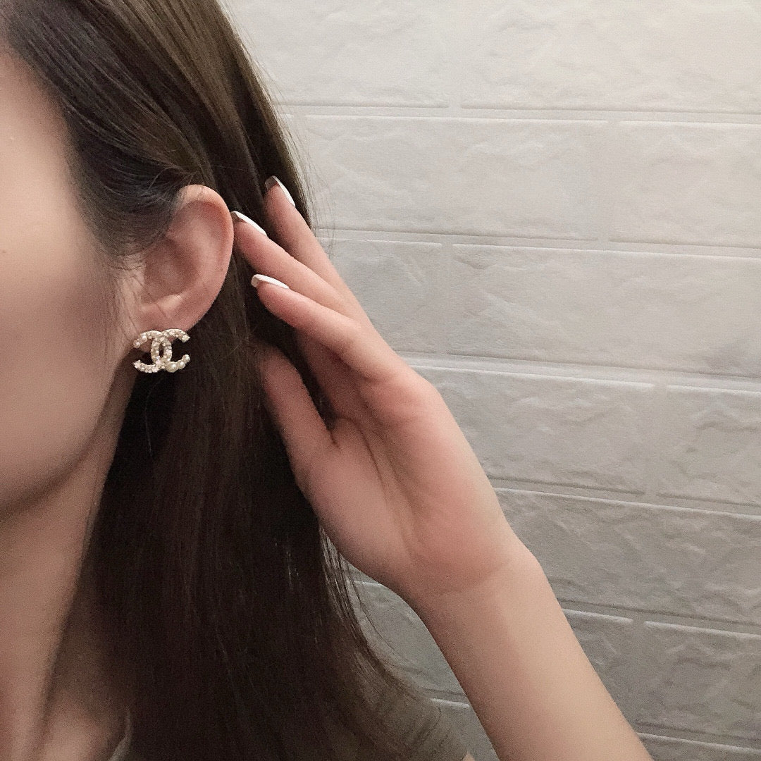 beige brass crystal inlaid Stud Earrings for women - alternate angle view 10