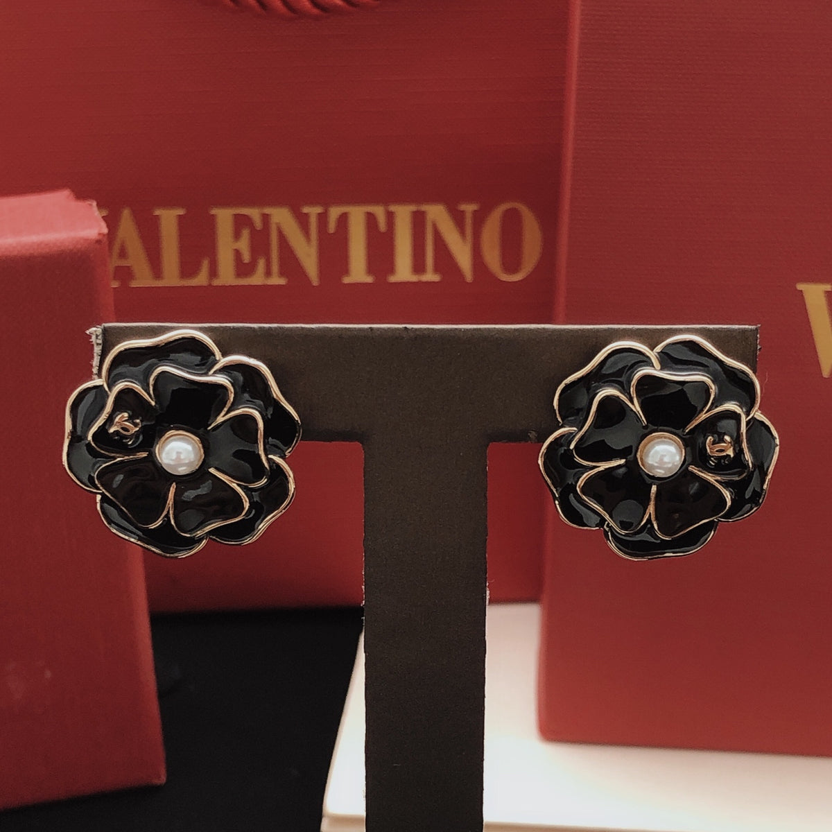 black brass floral Stud Earrings for women - alternate angle view 9
