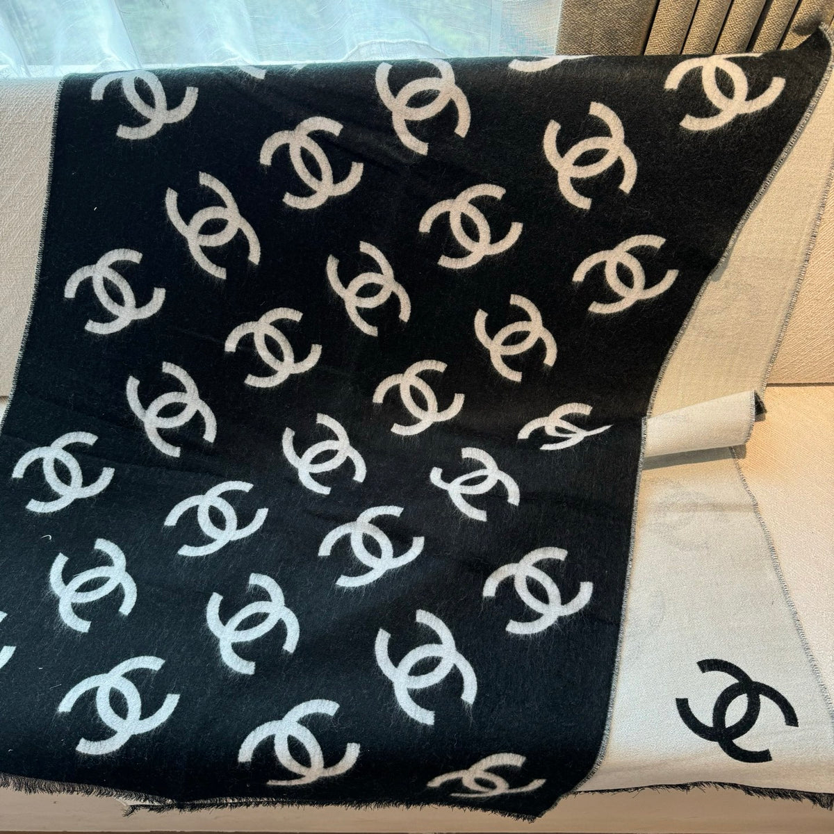 black and white wool minimalist Shawl for women - alternate angle view 9
