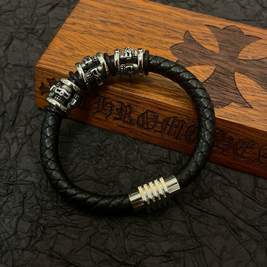 silver leather skull Bracelet for men - alternate angle view 9