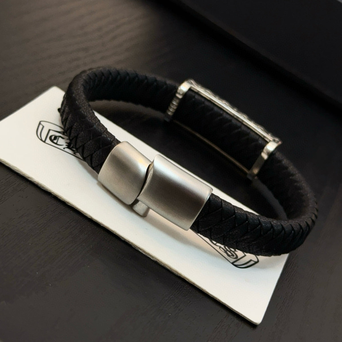 silver leather cross Bangle for men - alternate angle view 9