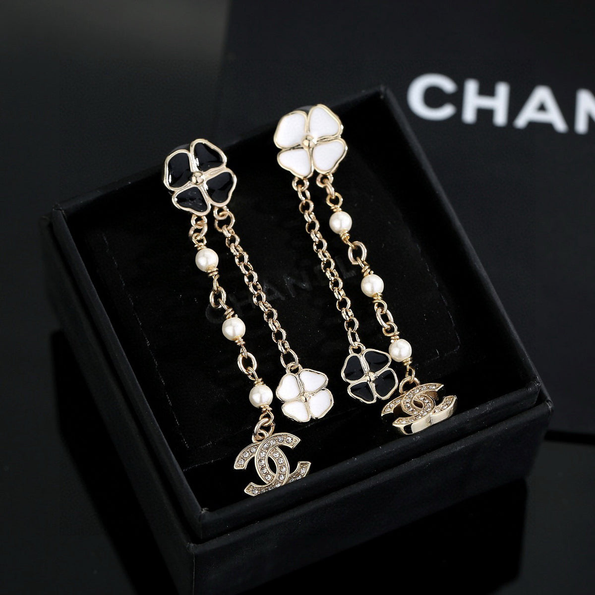 black and white floral Drop Earrings for women - alternate angle view 8