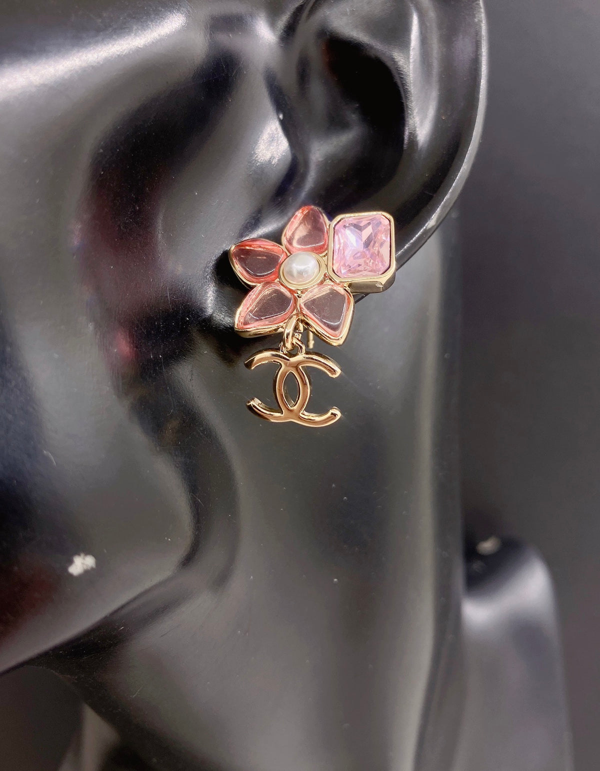 pink brass floral Drop Earrings for women - alternate angle view 6