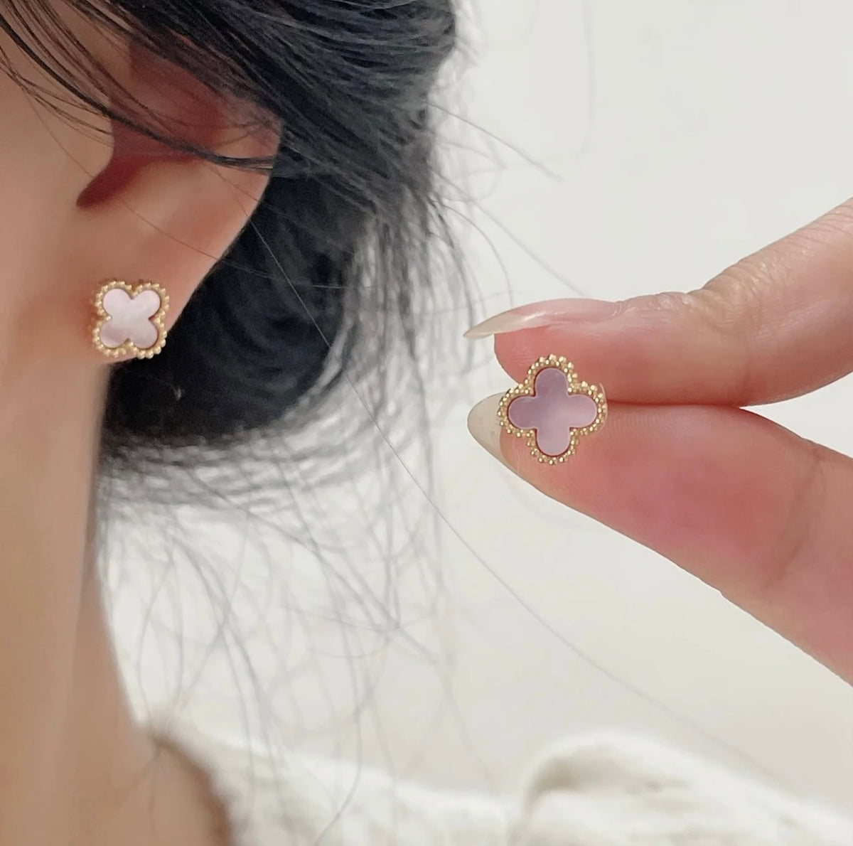rose gold brass clover Stud Earrings for women - alternate angle view 5