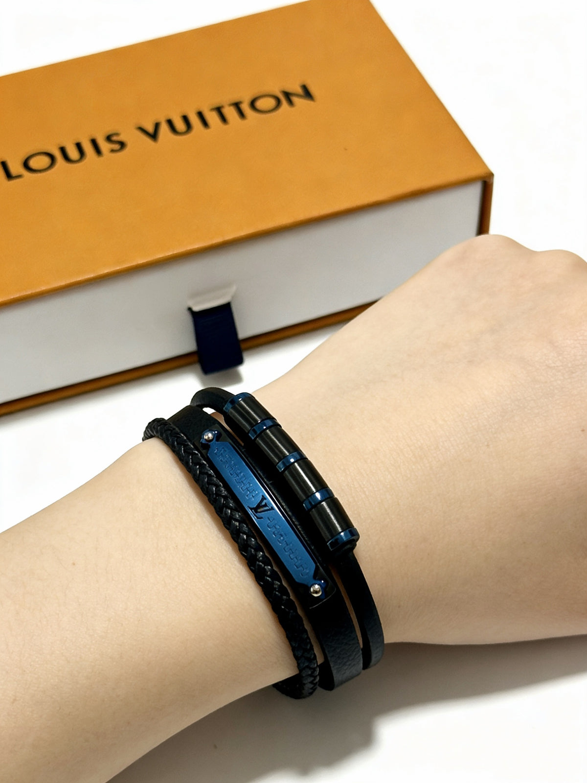 blue genuine leather chain Bracelet for men - alternate angle view 6