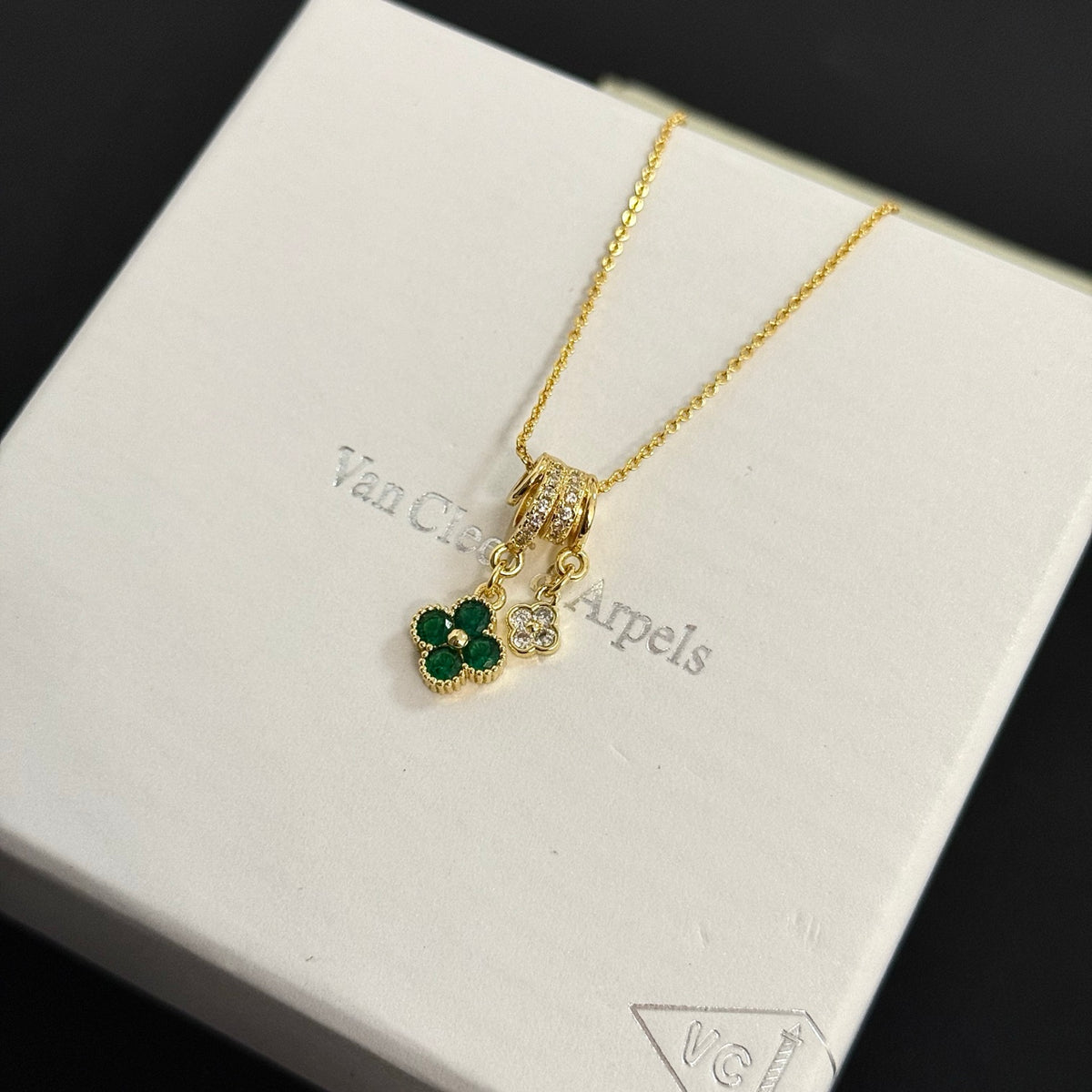 gold crystal clover Necklace for women - alternate angle view 10