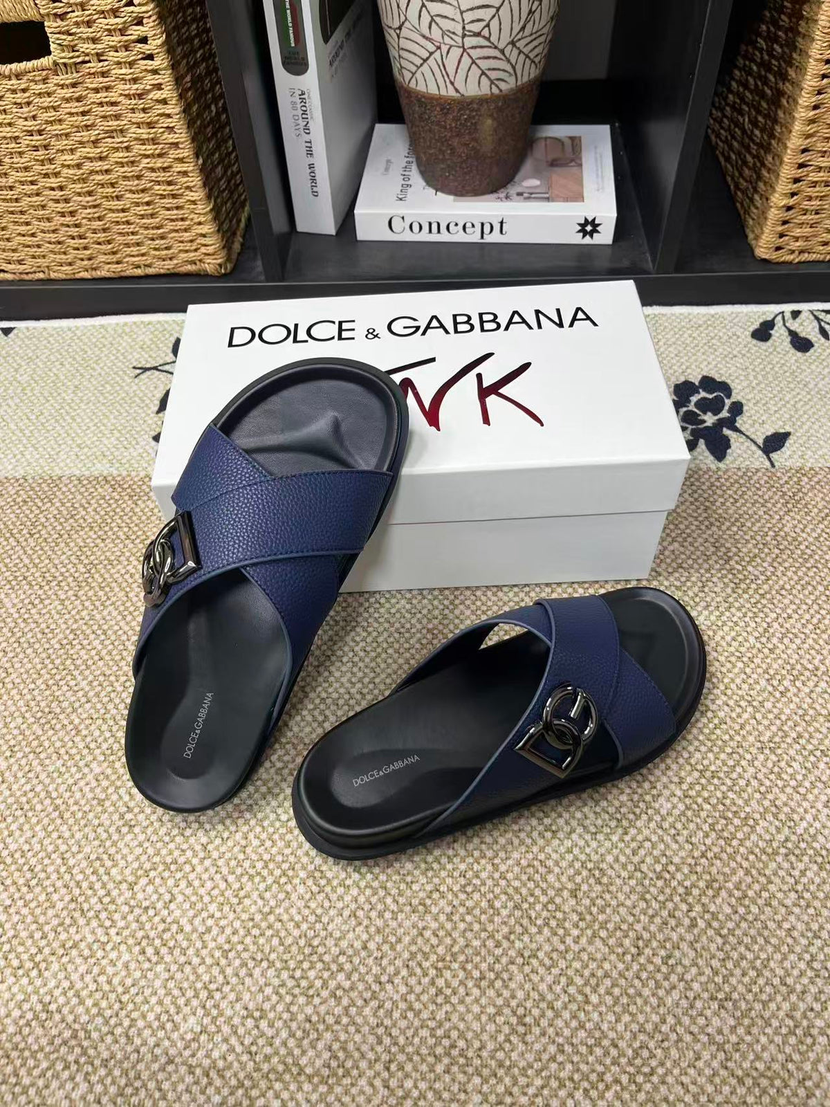 Dolce & Gabbana DG Men's Leather Strap Sandals with Aluminum Buckle