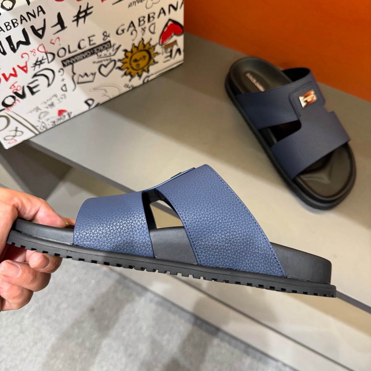Dolce & Gabbana DG Men's Leather Strap Sandals with Aluminum Buckle