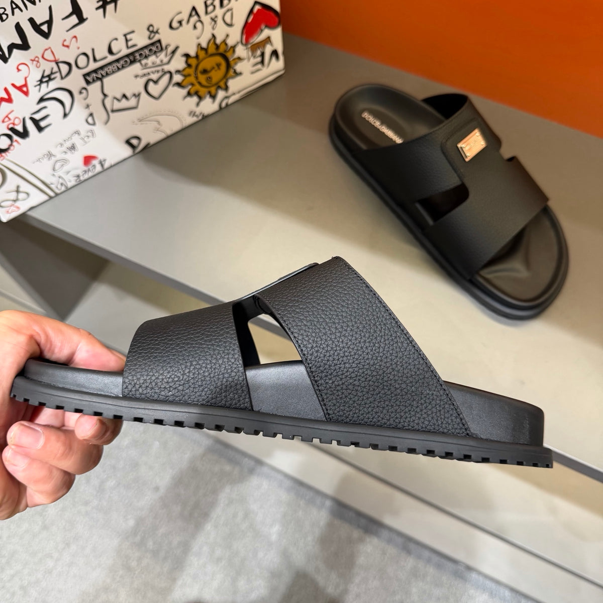 Dolce & Gabbana DG Men's Leather Strap Sandals with Aluminum Buckle