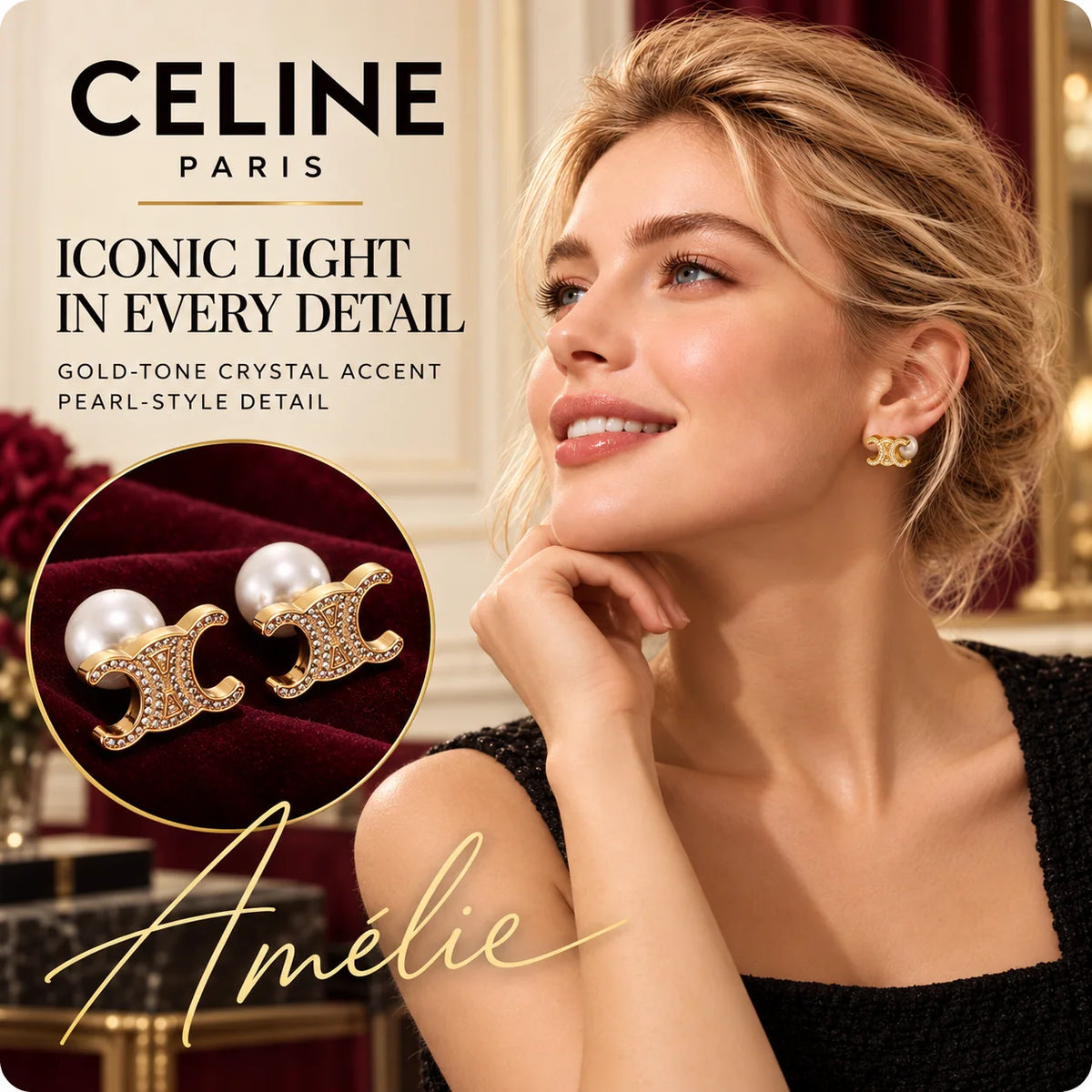 CELINE Gold-Tone Crystal & Pearl-Style Emblem Stud Earrings — model view with circular product close-up