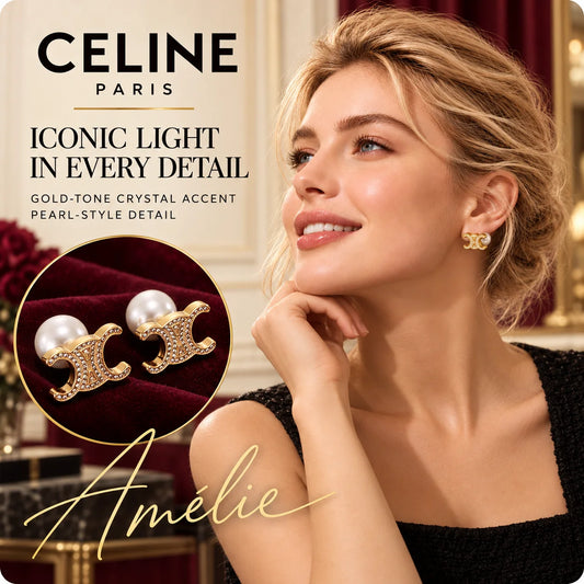 CELINE Gold-Tone Crystal & Pearl-Style Emblem Stud Earrings — model view with circular product close-up
