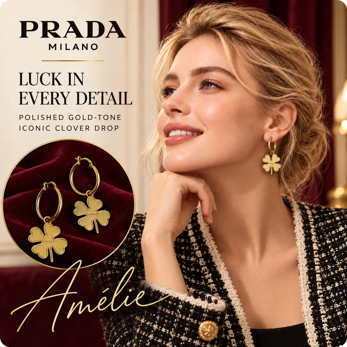 Prada gold-tone clover drop hoop earrings worn by a blonde model with a product detail inset