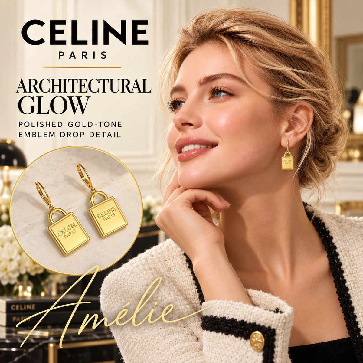 CELINE Gold-Tone Emblem Drop Earrings — model view with circular product close-up