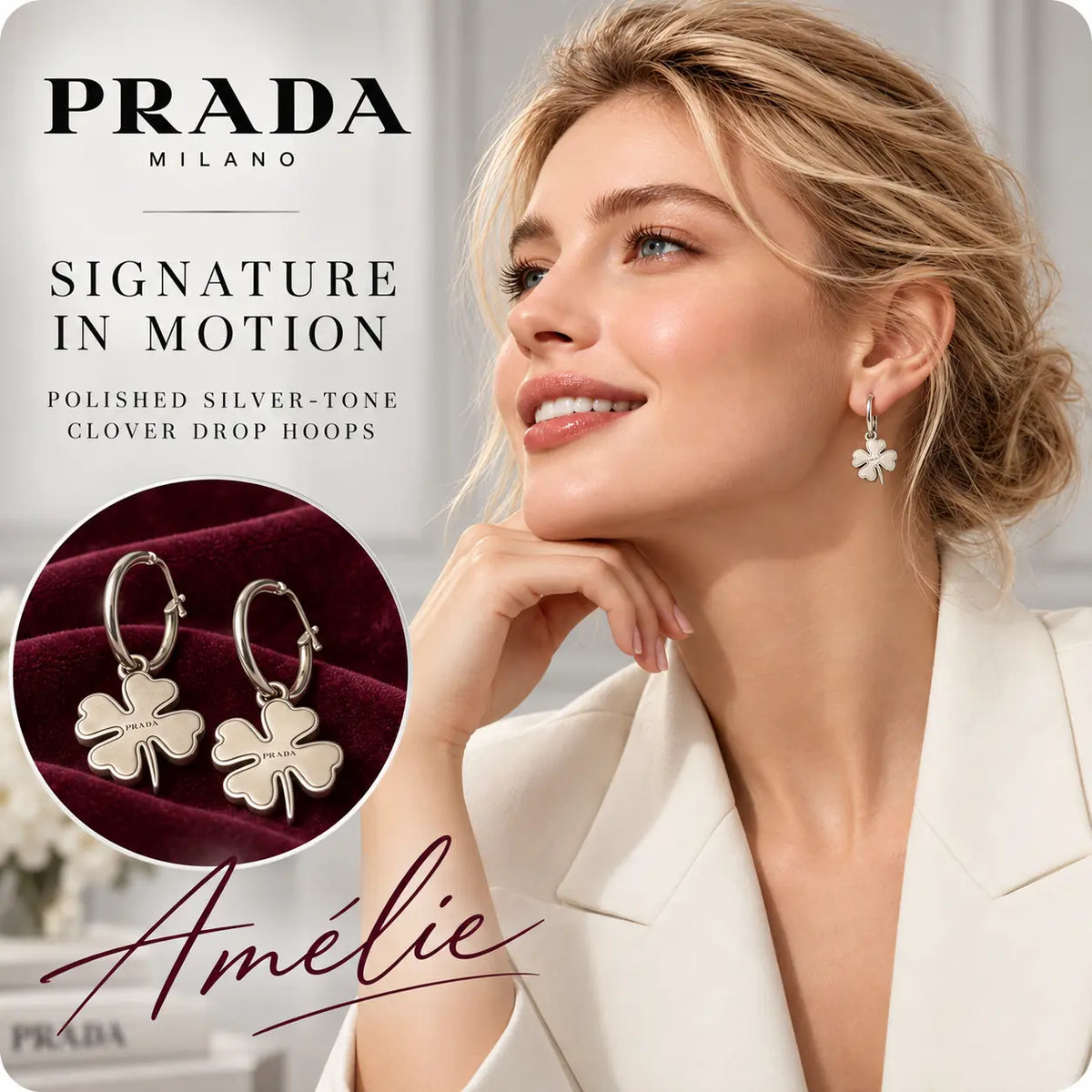 Prada silver-tone clover drop hoop earrings worn by a blonde model with a close-up product inset
