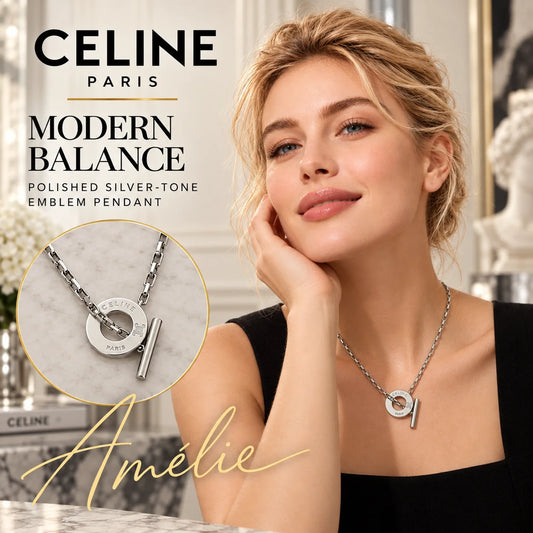 CELINE Silver-Tone Emblem Pendant Necklace — model view with circular product close-up