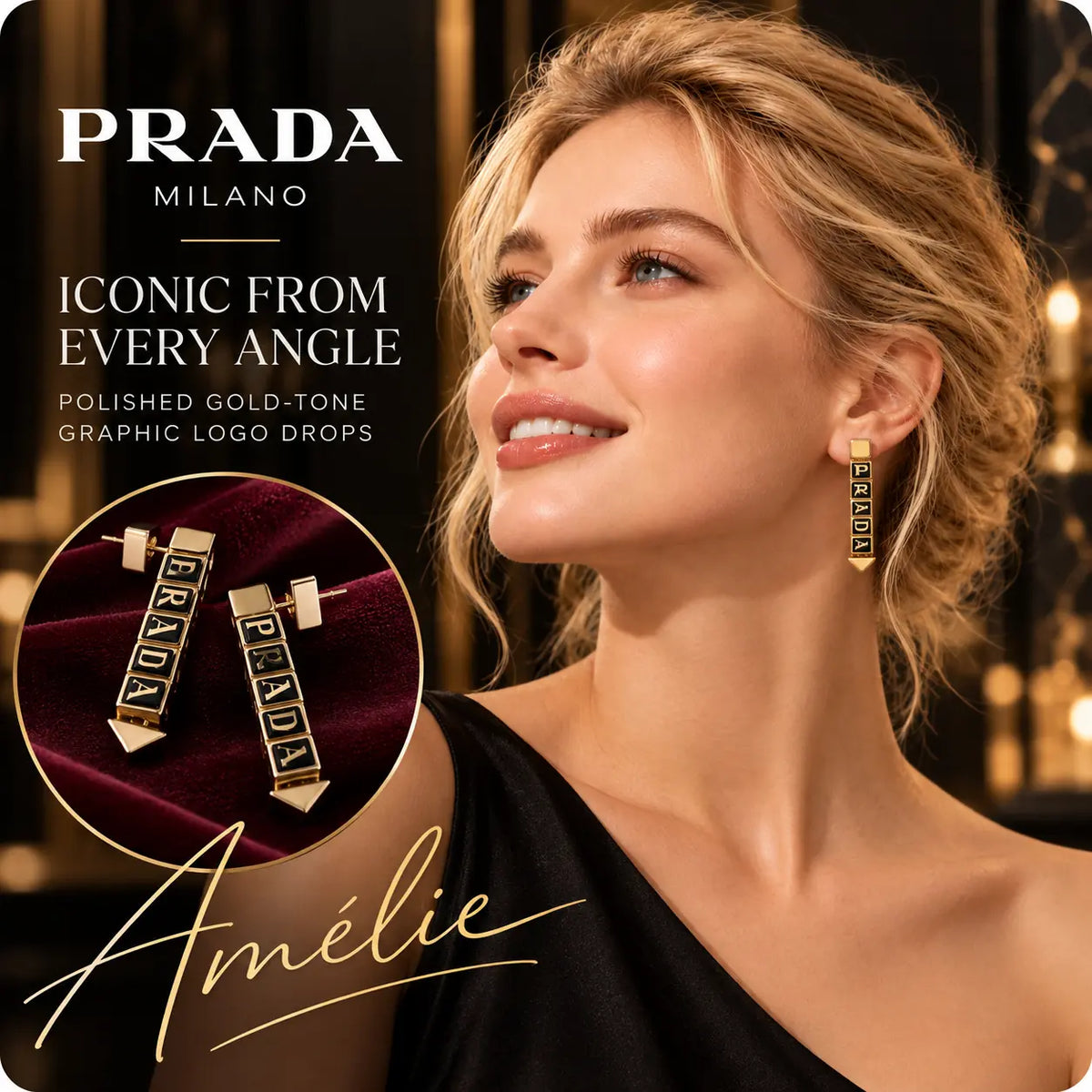 Prada gold-tone and black graphic logo drop earrings worn by a blonde model in an evening setting