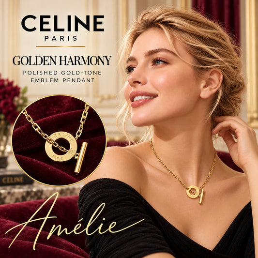 CELINE Gold-Tone Emblem Pendant Necklace — model view with circular product close-up