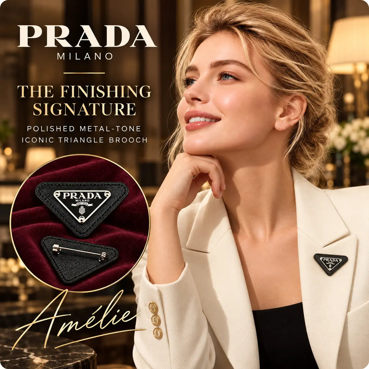 Prada black triangle brooch pin styled on a blonde model's blazer lapel with product detail inset