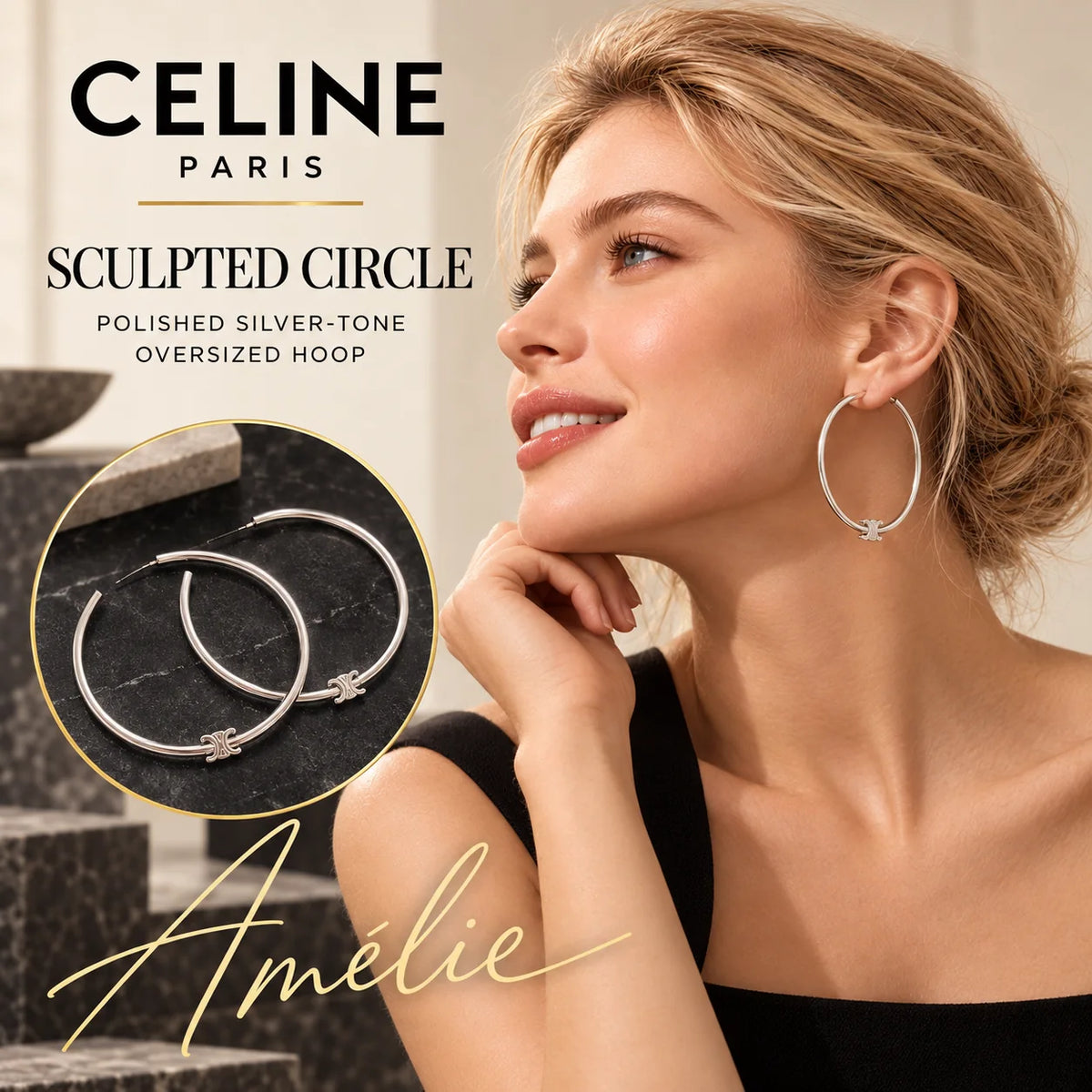CELINE Silver-Tone Oversized Hoop Earrings — model view with circular product close-up