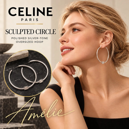 CELINE Silver-Tone Oversized Hoop Earrings — model view with circular product close-up