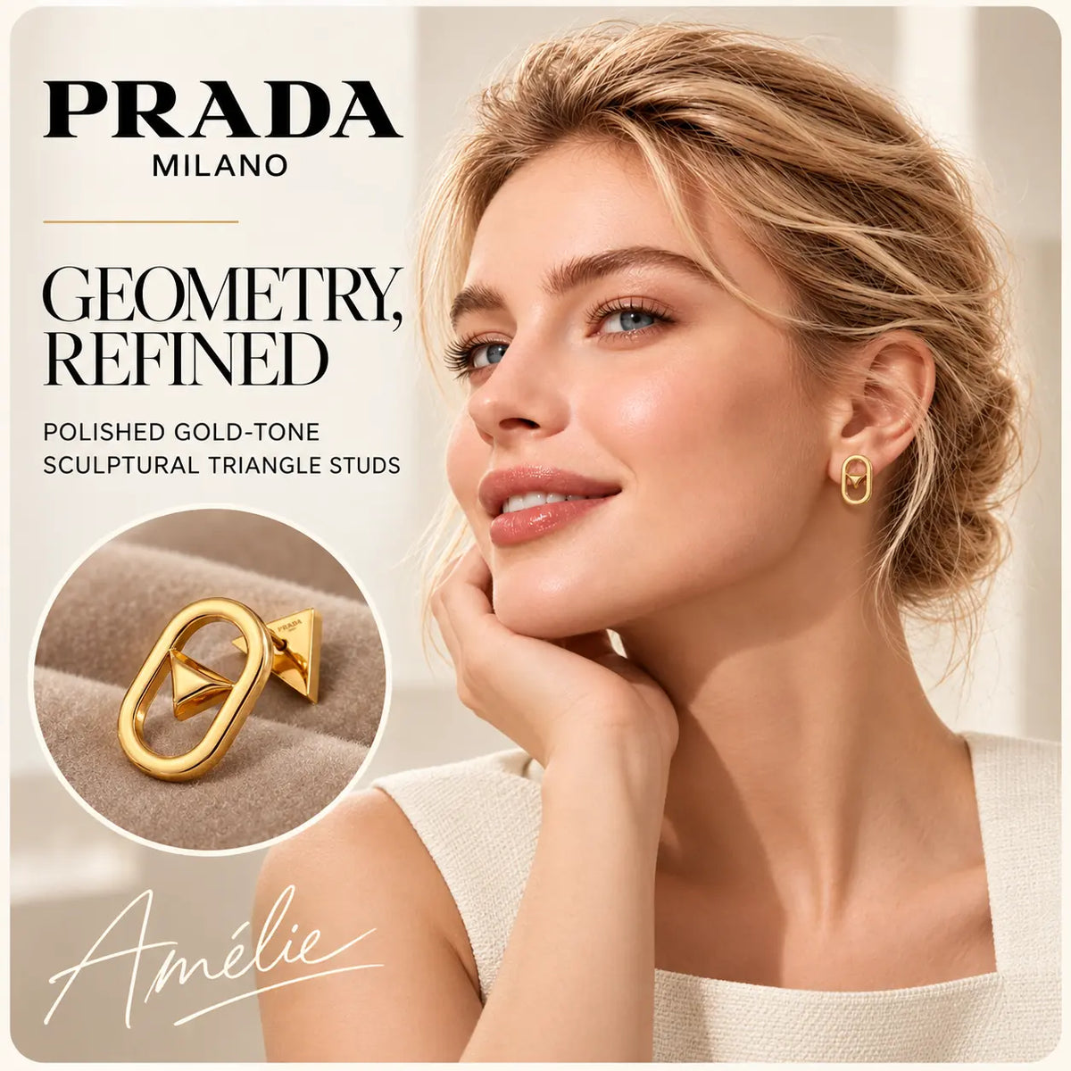 Prada gold-tone open triangle geometric stud earrings worn by a blonde model in a bright boutique