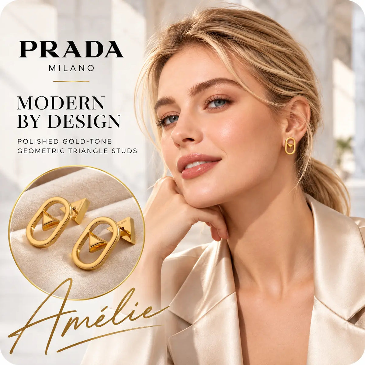 Prada gold-tone open triangle stud earrings worn by a blonde model in a modern ivory gallery