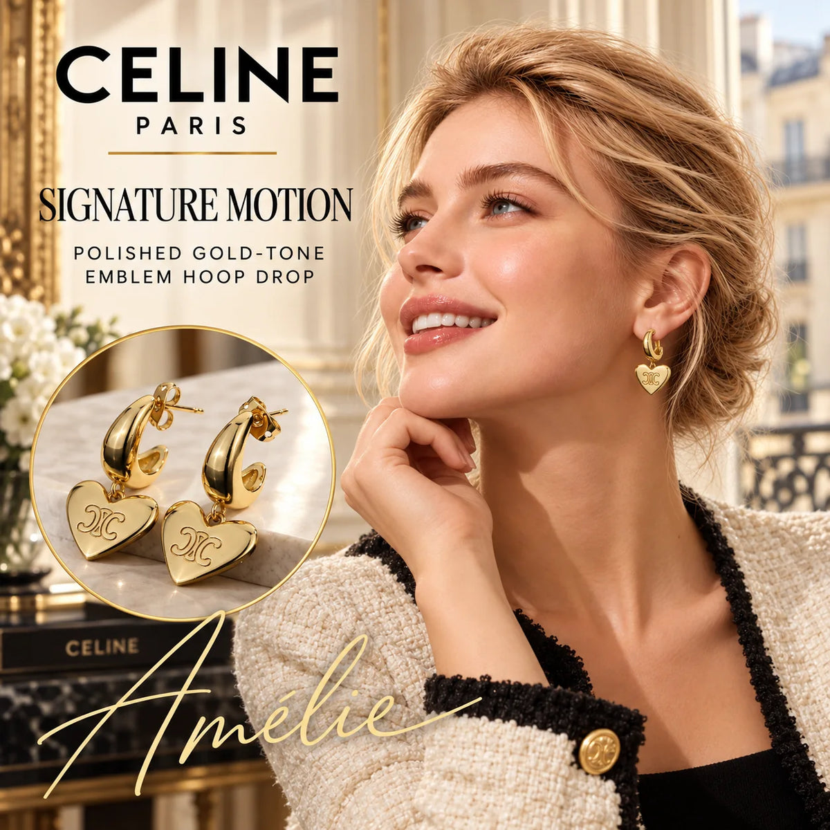 CELINE Gold-Tone Emblem Hoop Earrings — model view with circular product close-up