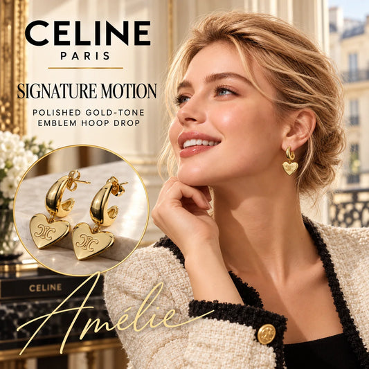 CELINE Gold-Tone Emblem Hoop Earrings — model view with circular product close-up