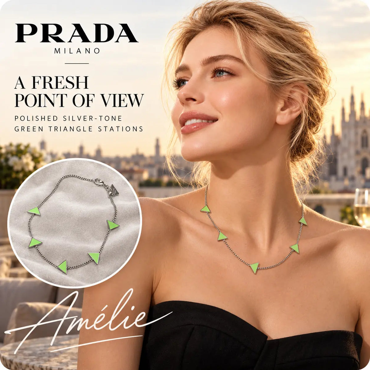 Prada green triangle station necklace on a silver-tone chain worn by a blonde model at sunset