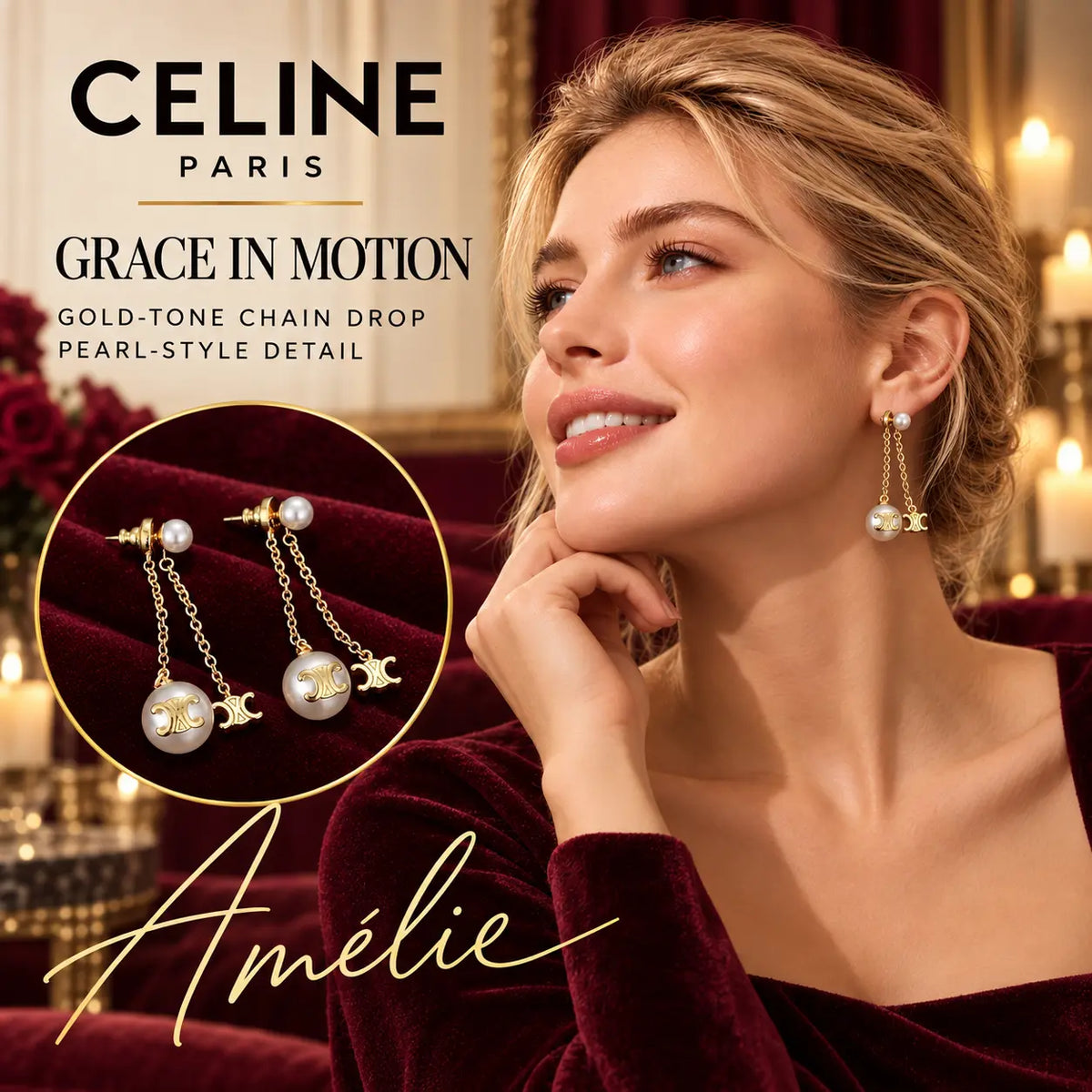 CELINE Gold-Tone Pearl-Style Chain Drop Earrings — model view with circular product close-up
