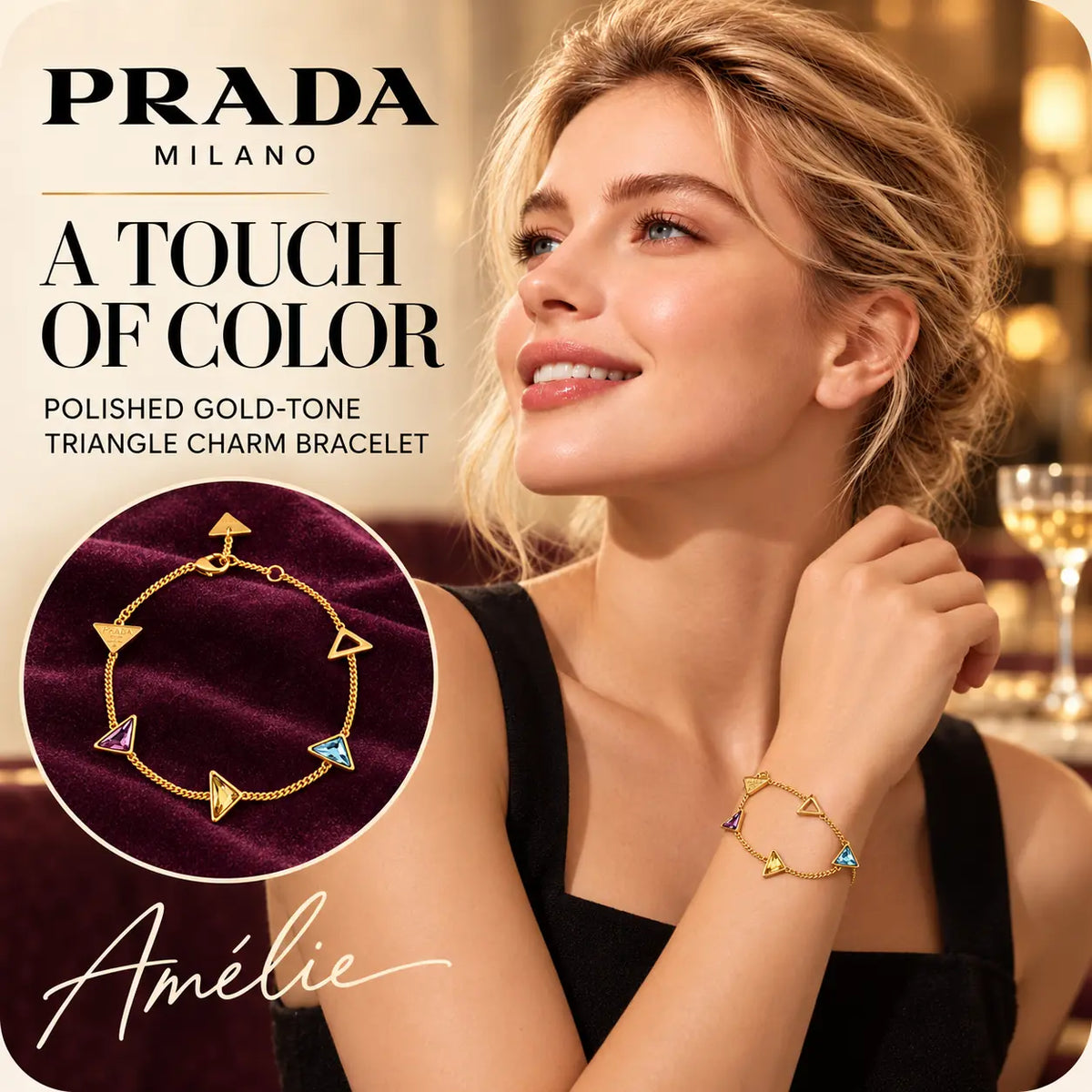 Prada gold-tone multicolor triangle charm bracelet worn by a blonde model with a close-up inset