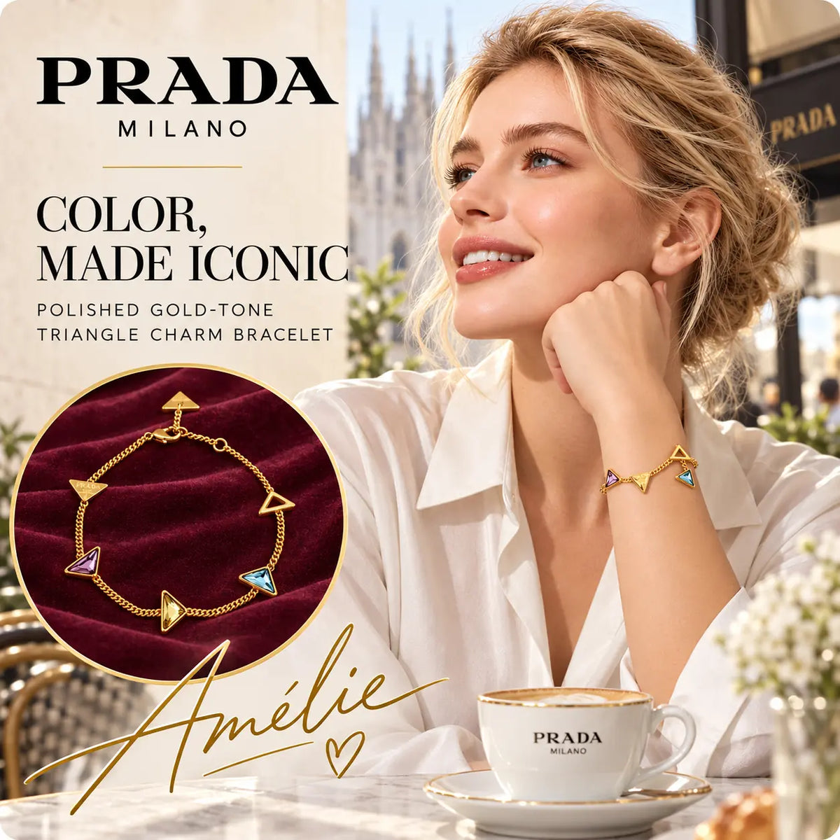 Prada dainty gold-tone bracelet with multicolor triangle charms worn by a blonde model at a café