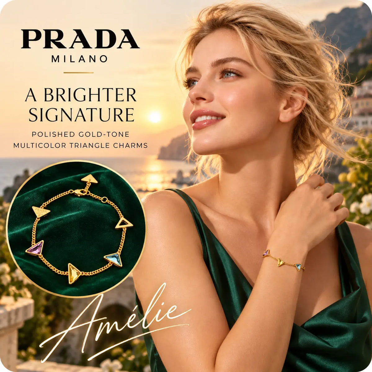 Prada gold-tone multicolor triangle bracelet worn by a blonde model on a Mediterranean terrace