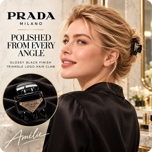 Prada black triangle logo hair claw securing a blonde model's polished updo from the back
