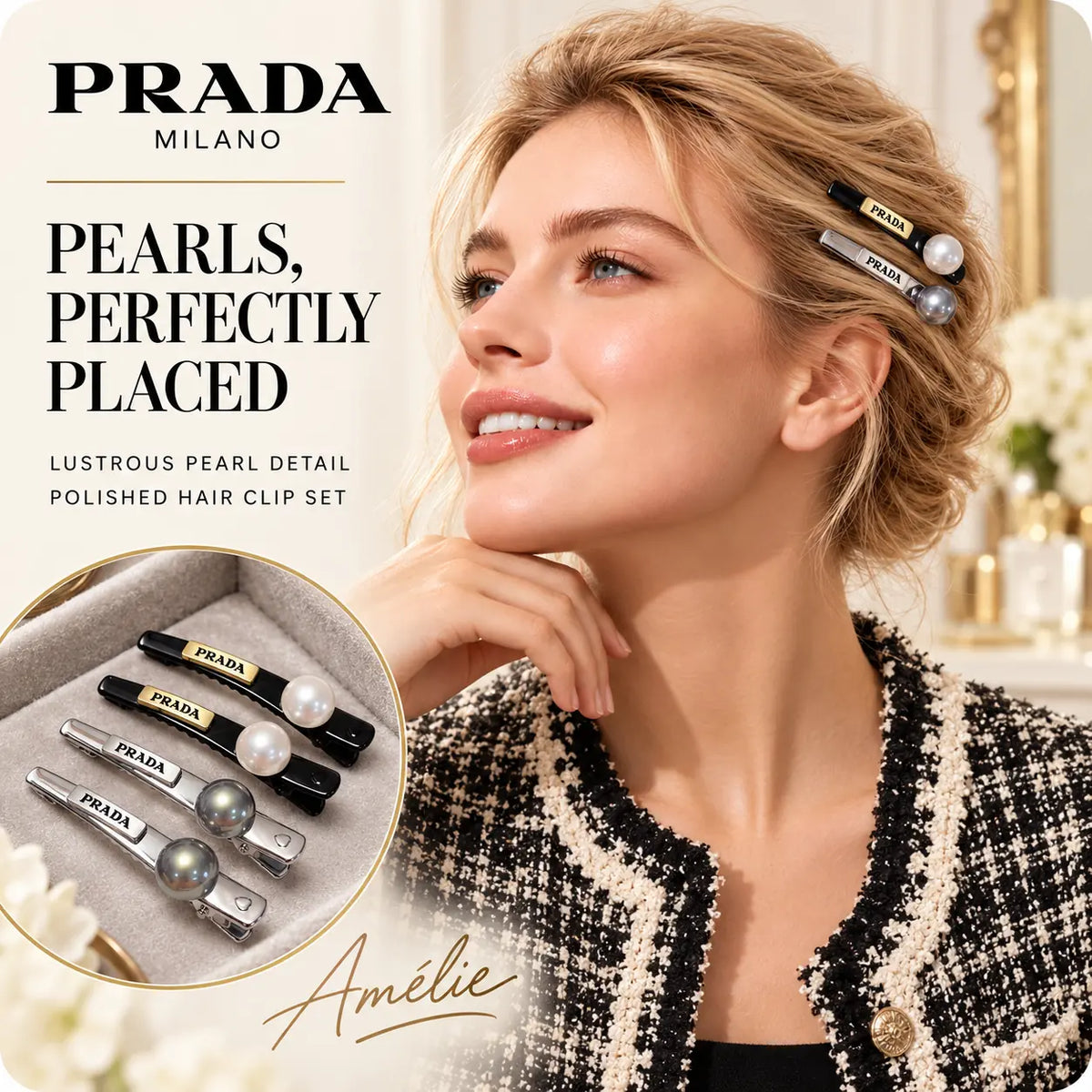Prada four-piece pearl-detail hair clip set styled on the side of a blonde model's hair