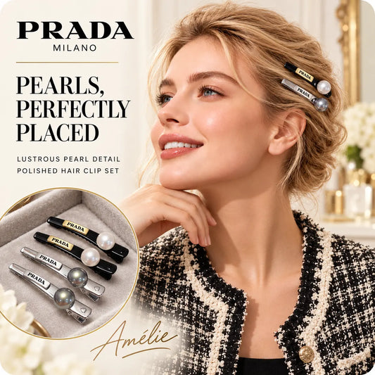 Prada four-piece pearl-detail hair clip set styled on the side of a blonde model's hair