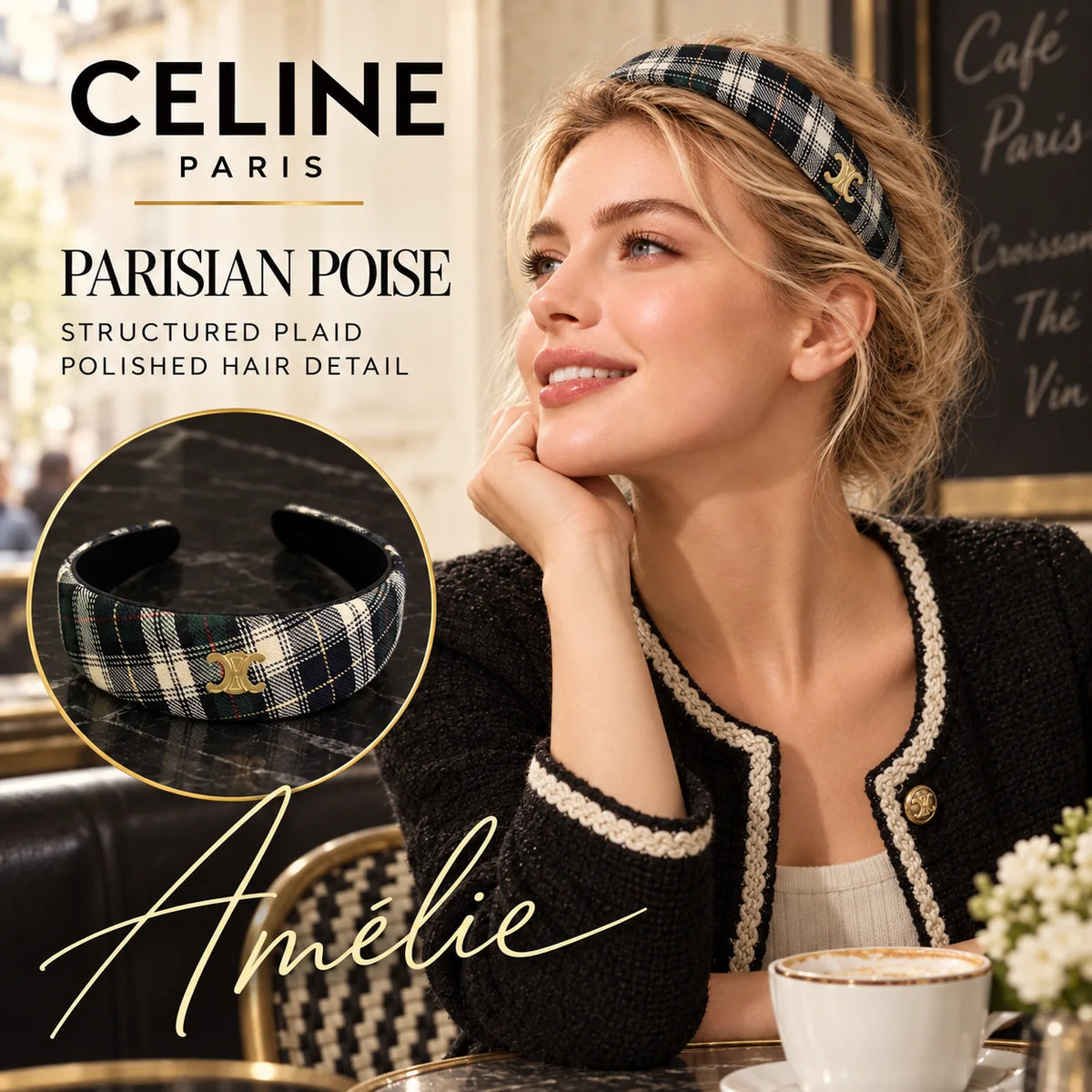 CELINE Plaid Logo Headband — model view with circular product close-up