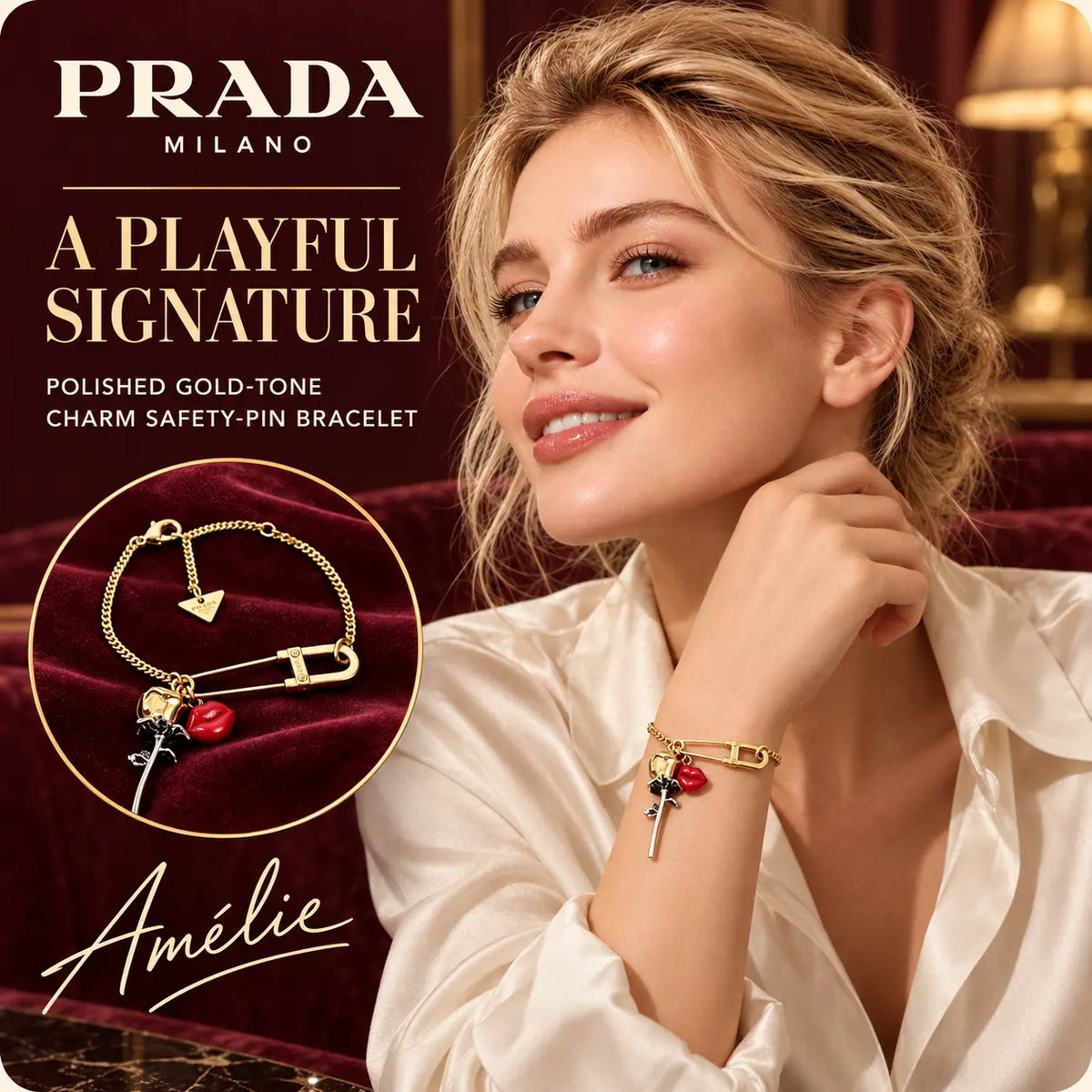 Prada gold-tone safety-pin bracelet with rosebud and lip charms worn by a blonde model