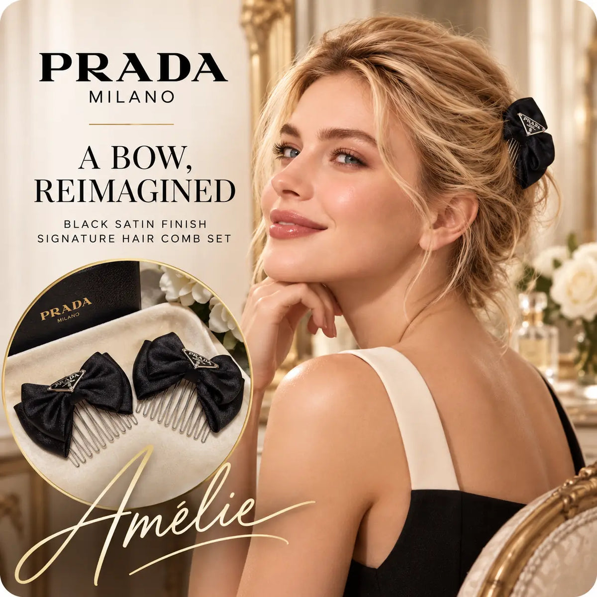 Prada black bow hair comb clip set styled in a blonde model's romantic half-up hairstyle
