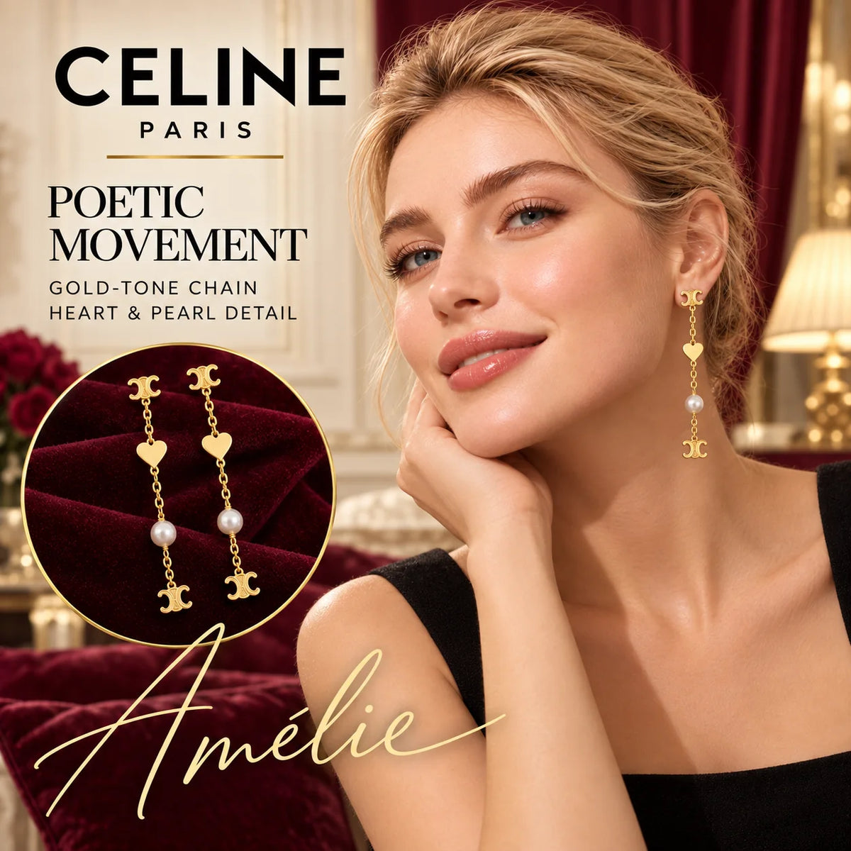 CELINE Gold-Tone Heart & Pearl-Style Chain Drop Earrings — model view with circular product close-up