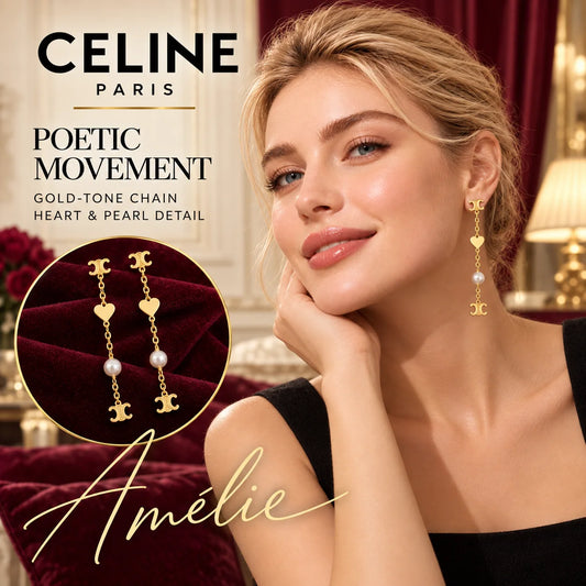 CELINE Gold-Tone Heart & Pearl-Style Chain Drop Earrings — model view with circular product close-up