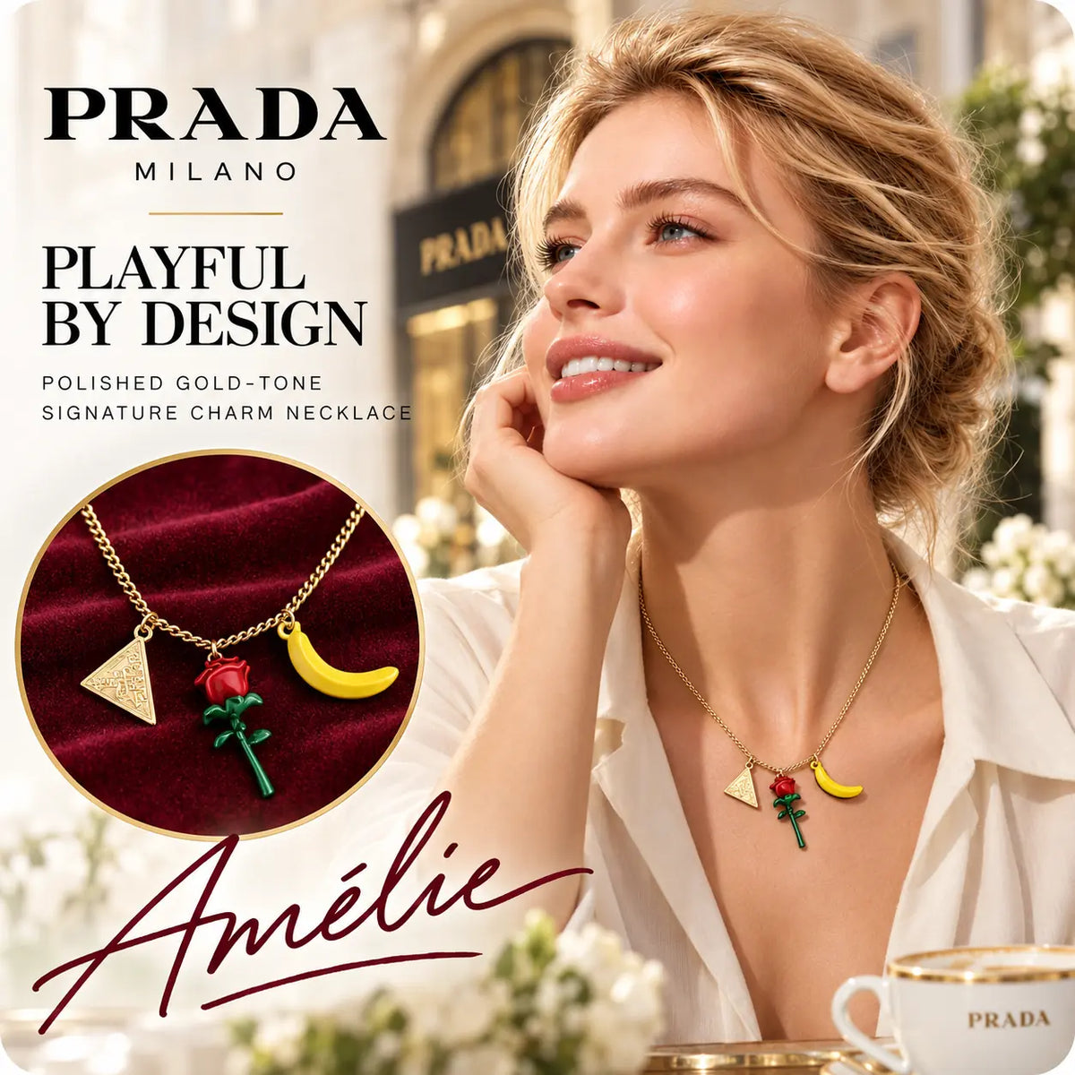 Prada gold-tone pendant necklace with triangle, red rose and yellow banana motifs on a blonde model